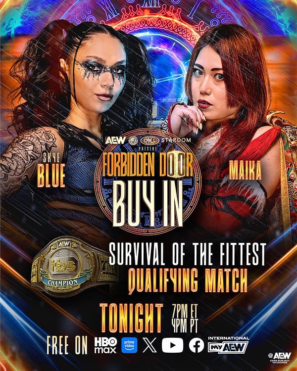 Promotional poster for AEW Forbidden Door Buy-In featuring Skye Blue and Maika facing off in a survival of the fittest qualifying match.