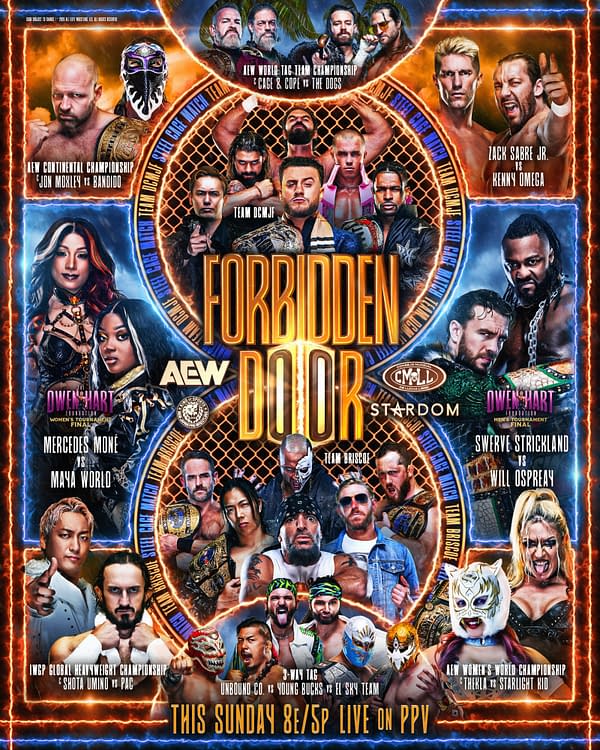AEW Forbidden Door poster with a fiery cage-themed wrestling collage, featuring multiple championship matchups and wrestlers arranged around the event title.