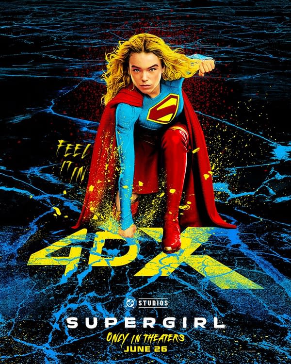 Supergirl movie poster showing Supergirl crouching in her red cape and blue suit against a black, electric-blue background, with the title and June 26 release date.