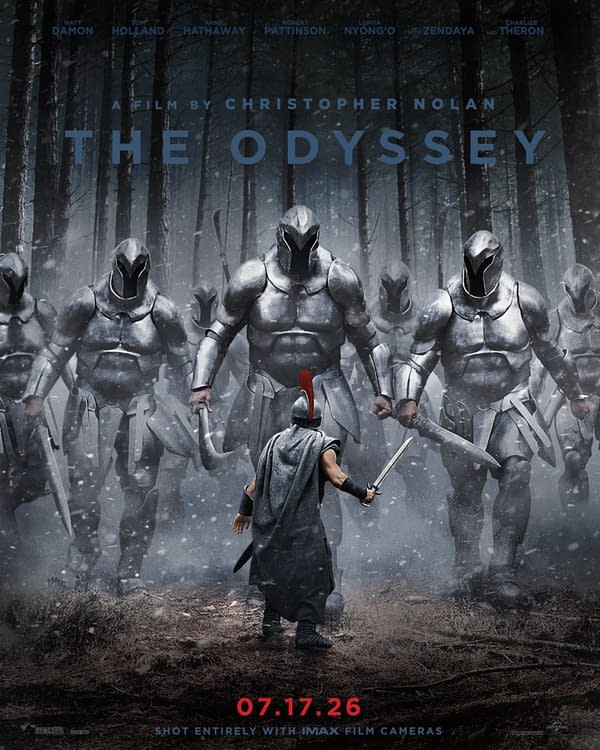 Poster for Christopher Nolan's The Odyssey showing a lone warrior facing a line of armored soldiers in a snowy forest, with the release date 07.17.26.