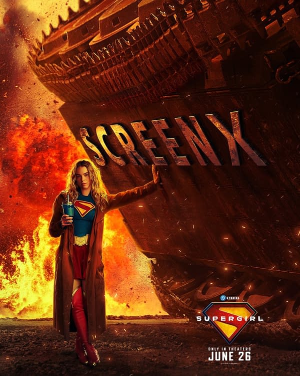 Supergirl movie poster showing Supergirl standing in front of a massive burning spacecraft with the word