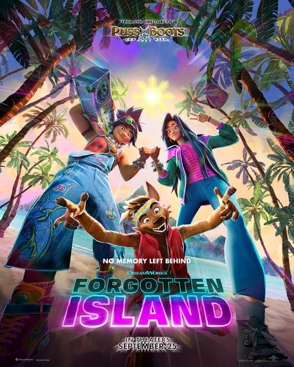 Colorful animated movie poster for Forgotten Island showing two teens and a smiling dog on a tropical beach with palm trees and a bright sun overhead. Text at the top says from the directors of Puss in Boots: The Last Wish.