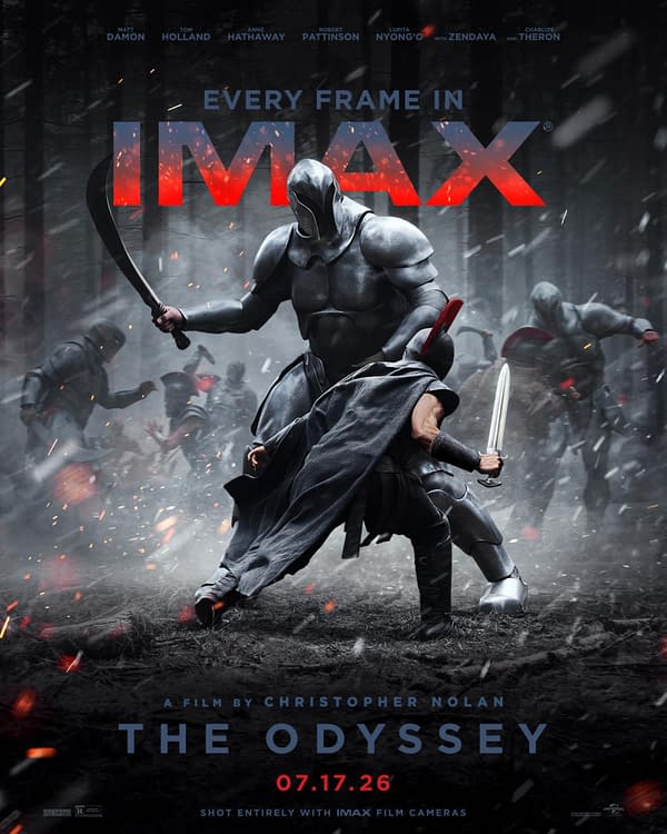 Movie poster for The Odyssey featuring a hooded armored warrior battling with swords in a dark, smoky forest, with IMAX branding and a large release date at the bottom.