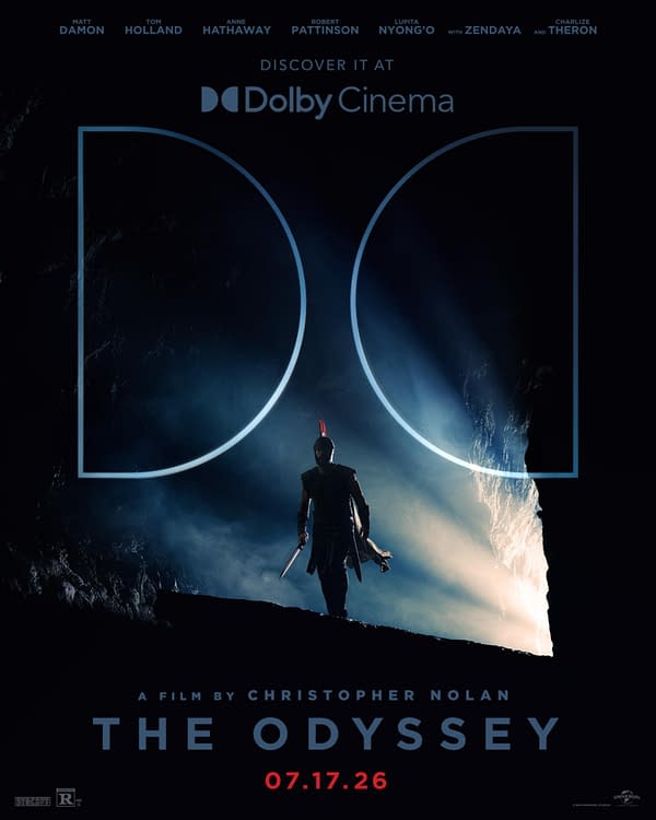 The Odyssey movie poster showing a silhouetted warrior holding a sword in a glowing cave, with cast names and the Dolby Cinema logo above. The title and release date appear at the bottom.
