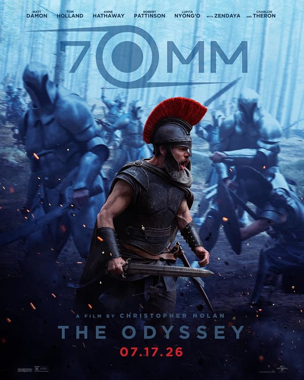 The Odyssey movie poster shows a Roman warrior in a red-plumed helmet charging through a blue-tinted battle scene, with the title and release date displayed prominently.