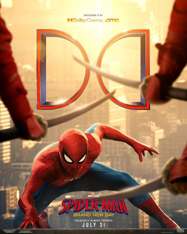 Spider-Man crouches in a city skyline with two sword-wielding foes framing him, in a dramatic poster for Spider-Man: Brand New Day.