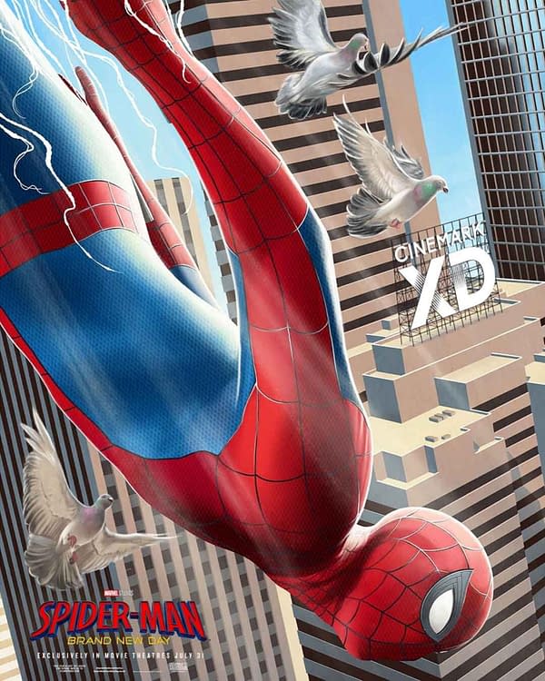 Spider-Man movie poster illustration showing Spider-Man swinging between city skyscrapers with pigeons flying nearby and a