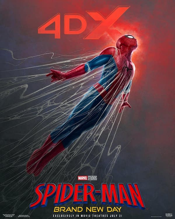 Spider-Man: Brand New Day poster showing Spider-Man swinging through a red-and-blue webbed background with a bold 4DX logo above and Marvel Studios branding below.