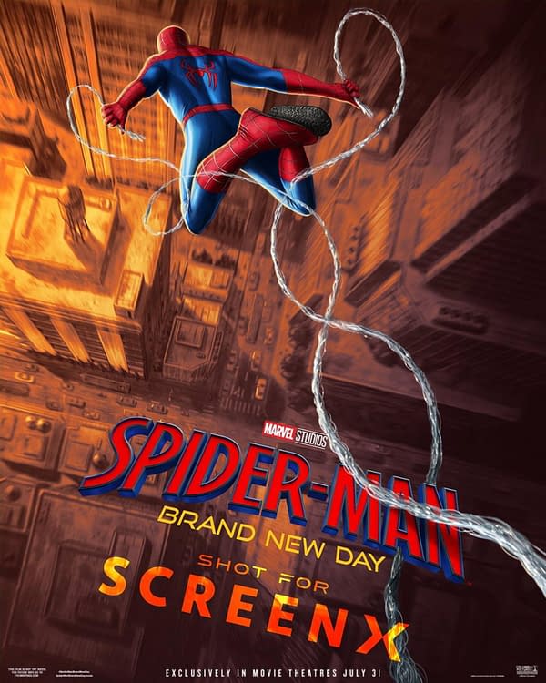 Spider-Man swings above a city in a movie poster for Spider-Man: Brand New Day, with web lines streaking across the frame and a bold ScreenX release logo at the bottom.