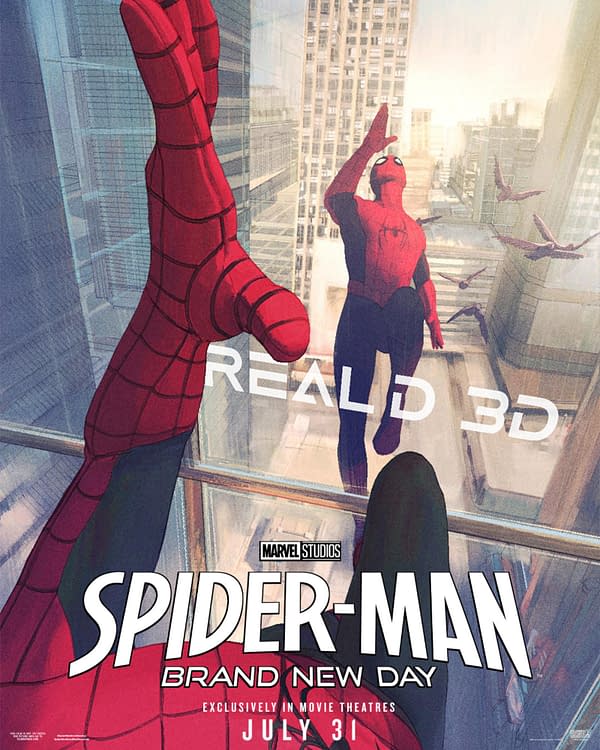 Spider-Man: Brand New Day movie poster showing Spider-Man swinging between skyscrapers in a bright cityscape, with Marvel Studios branding and the July 31 release date.