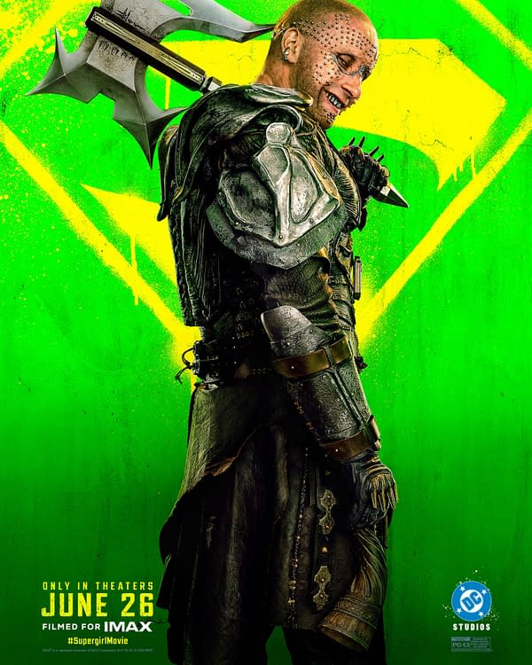 Supergirl movie poster featuring a bald armored villain with a large axe over his shoulder against a neon green background.