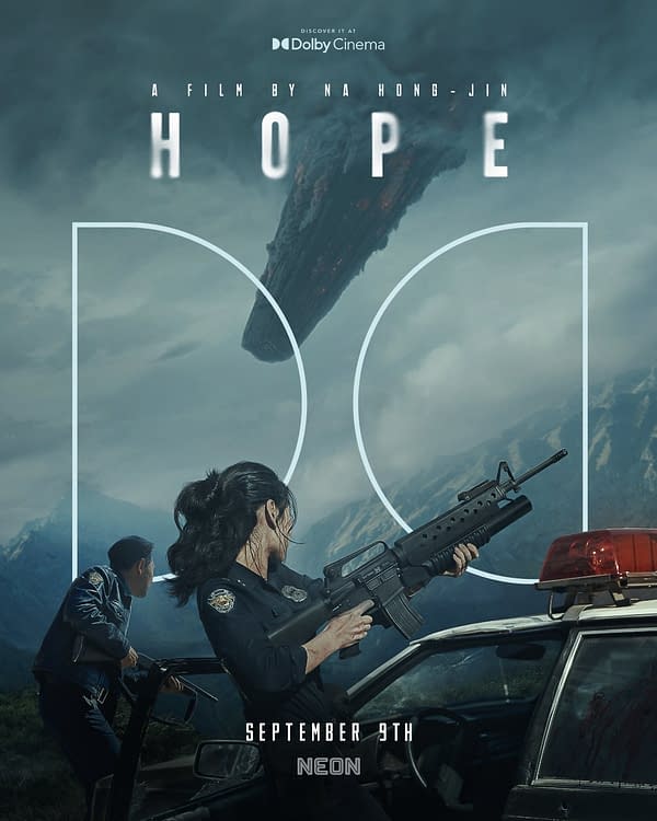 Movie poster for Hope showing two police officers armed beside a patrol car under a dark, looming sky with a giant object overhead.