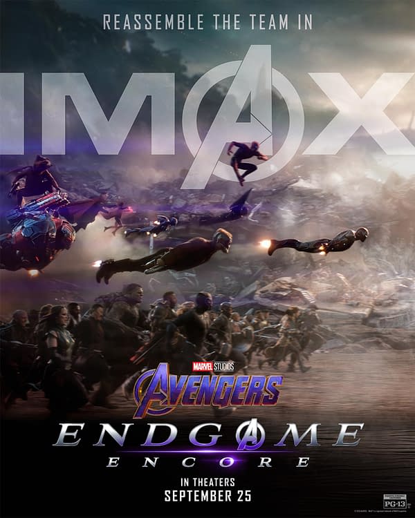 Marvel Studios poster for Avengers: Endgame Encore showing the Avengers charging into battle with the words