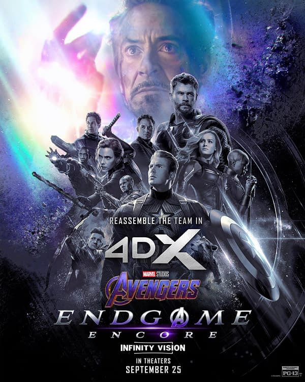 Marvel Avengers Endgame Encore poster featuring the Avengers team and a large close-up of Tony Stark against a colorful cosmic background.