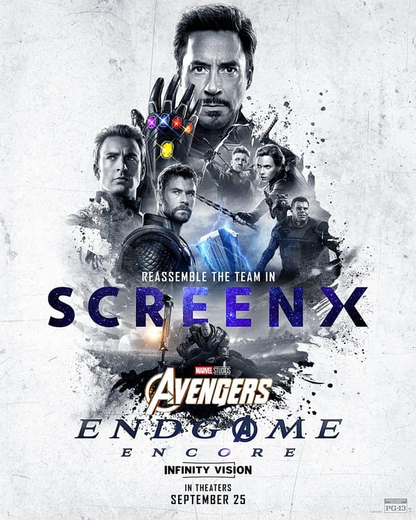 Avengers: Endgame Encore poster featuring Tony Stark holding the Infinity Stones, with other Avengers characters collaged around the title "ScreenX" and Marvel Studios branding.