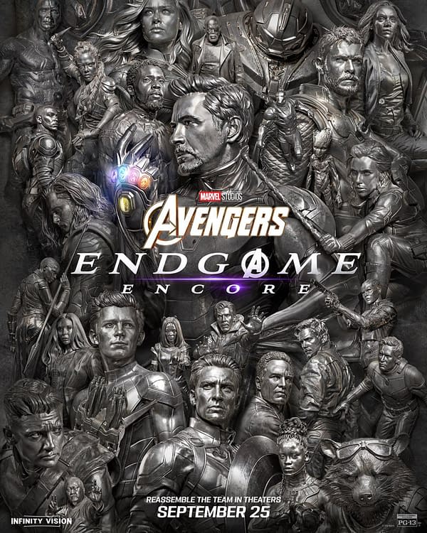 Marvel Studios poster for Avengers: Endgame Encore, featuring a grayscale collage of the Avengers with the Infinity Gauntlet and the title centered.