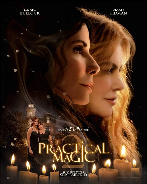 Official Practical Magic 2 poster featuring Sandra Bullock and Nicole Kidman in profile, with candles and a dark, magical glow. The title appears at the bottom with a release date of September 10.