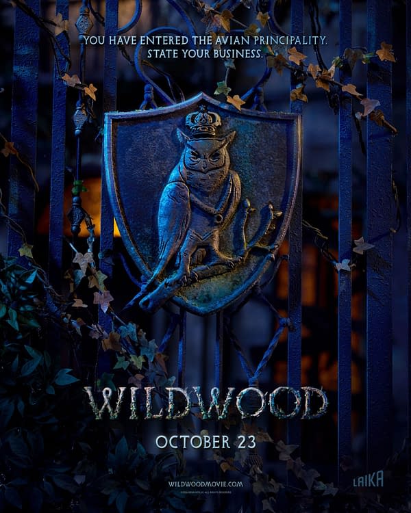 Dark blue Wildwood movie poster featuring an owl crest on a wrought-iron gate, with the tagline