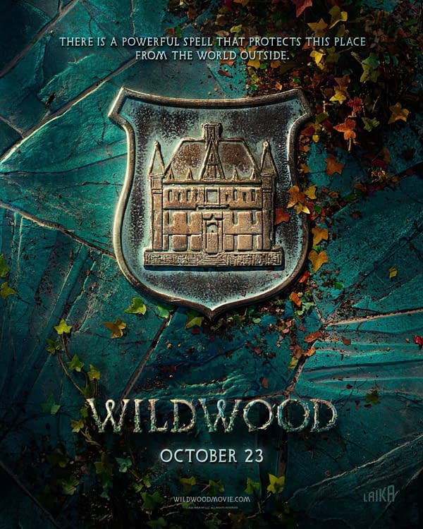 Stylized Wildwood movie poster showing a teal shield with a castle crest surrounded by leaves and the text