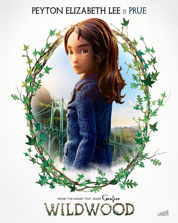 Animated movie poster for Wildwood featuring a young girl in a blue coat framed by a leafy vine wreath, with a bridge and forest landscape behind her.