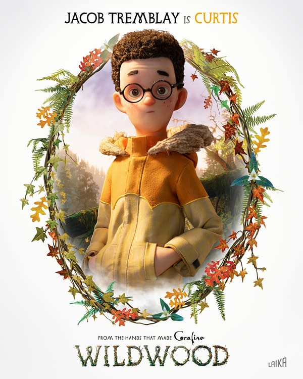 Promotional poster for LAIKA's Wildwood featuring a stop-motion boy with glasses in an orange outfit framed by a leafy wreath, with the title below.