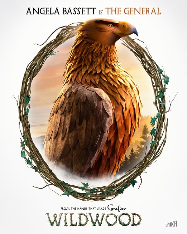 Promotional poster for Wildwood featuring a majestic bird-like creature framed by vines, with Angela Bassett billed as The General and the title at the bottom.