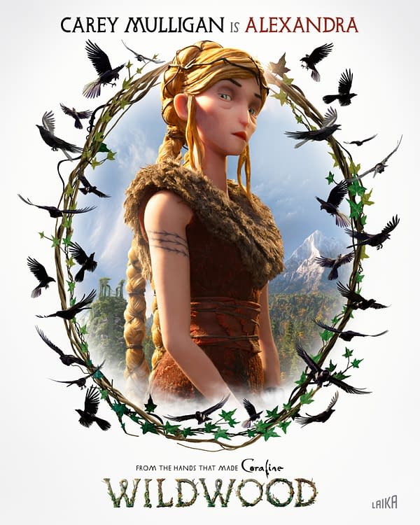 Animated Wildwood poster featuring a blonde forest girl framed by vines and crows, with snowy mountains in the background and the title Wildwood at the bottom.