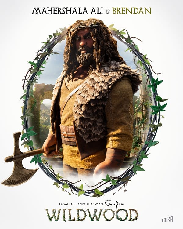 Promotional poster for Wildwood featuring a rugged animated woodsman holding an axe, framed by a leafy vine wreath, with the text