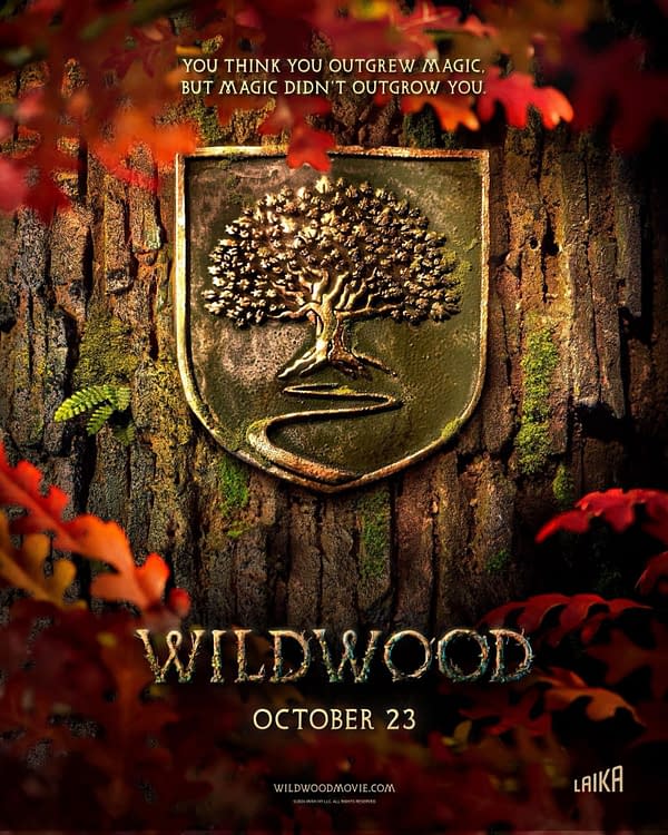 Promotional poster for Wildwood showing a tree crest on bark framed by red autumn leaves, with the tagline