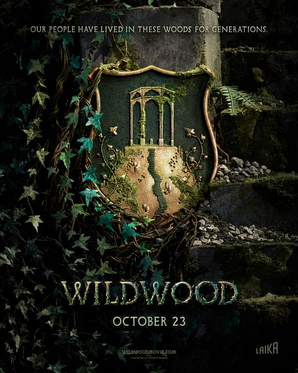 Mossy fantasy movie poster for Wildwood, with ivy-covered stone ruins framing a forest emblem and the release date October 23.