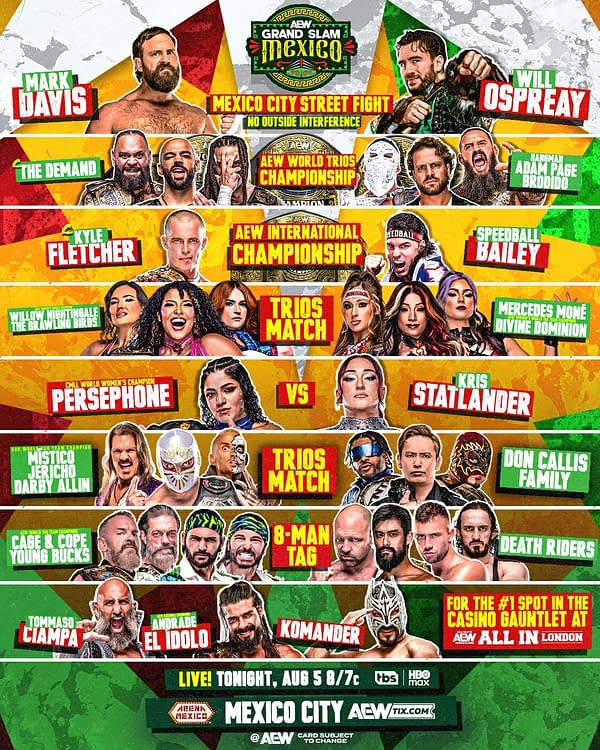 AEW Grand Slam: Mexico card graphic listing the advertised matches and teams for the August 5 show in Arena México.