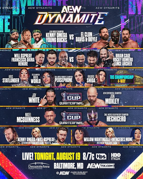 AEW Dynamite full card graphic listing the advertised matches and interviews, including Kenny Omega and Will Ospreay sitdown interview with Renee Paquette and Willow Nightingale and Mercedes Moné interview with Renee Paquette.