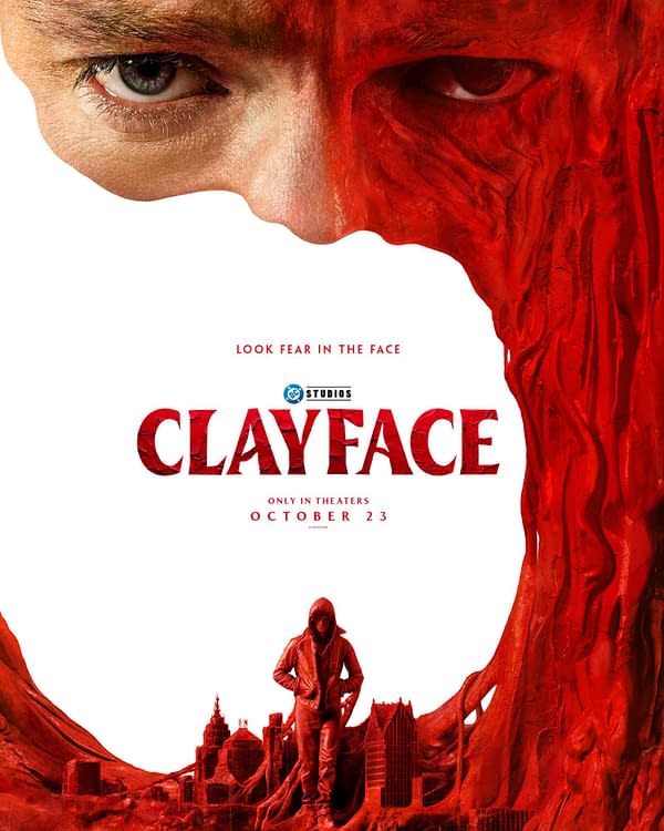 Movie poster for Clayface showing a close-up of a face half-covered in red clay, with a hooded figure standing below the title on a stark white background.