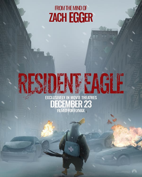 Official Angry Birds 3 movie poster showing a snowy city street with a bird character wearing a medical backpack, fires burning around wrecked cars, and the title