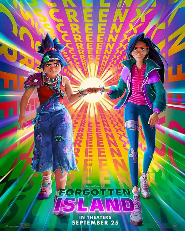 Colorful animated movie poster for Forgotten Island, showing two stylish young women holding hands in a neon tunnel of repeating text and bright rainbow light.