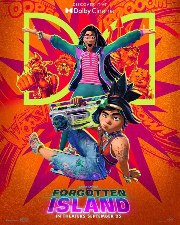 Colorful animated movie poster for Forgotten Island featuring two stylized teen characters, neon tropical graphics, and fantasy creatures against a bright orange and pink background.