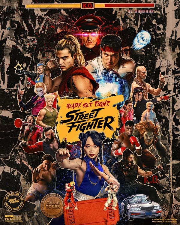 Street Fighter movie poster collage featuring fighters in dramatic poses around the title, with Ryu, Chun-Li, and other classic characters against a gritty arcade-style background.