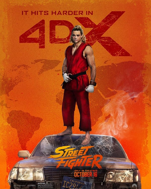 Street Fighter movie poster featuring a fighter in a red gi standing on a car against an orange background with a large