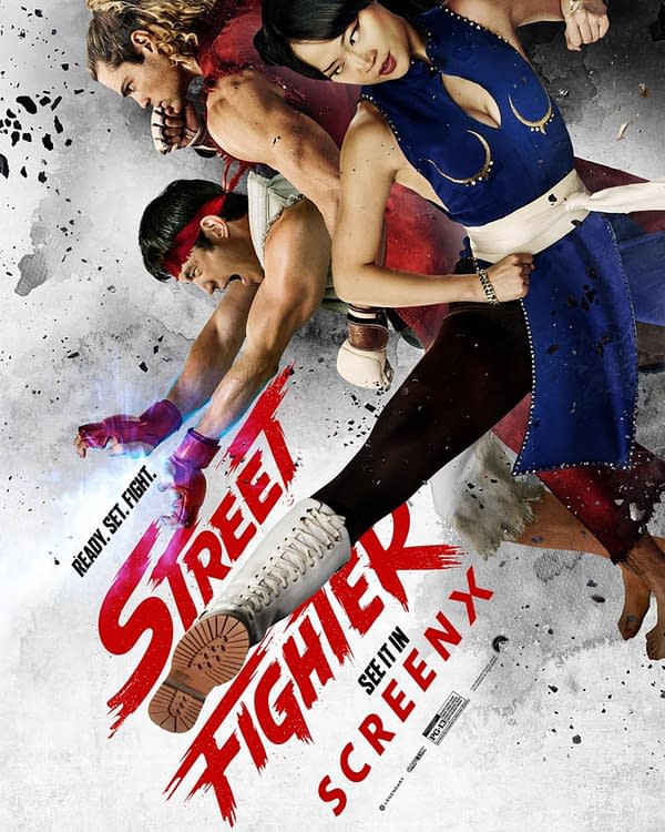 Street Fighter movie poster featuring three fighters posed back-to-back in dynamic action stances, with the title and