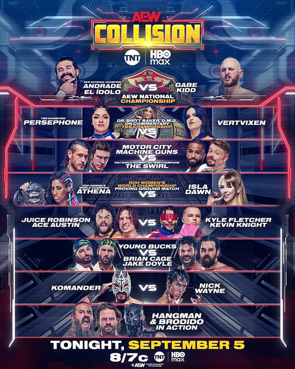 AEW Collision full card graphic listing Andrade El Ídolo vs. Gabe Kidd, Persephone vs. VertVixen with Dr. Britt Baker, D.M.D. on commentary, Motor City Machine Guns vs. The Swirl, Athena vs. Isla Dawn, Juice Robinson and Ace Austin vs. Kyle Fletcher and Kevin Knight, Young Bucks vs. Brian Cage and Jake Doyle, Komander vs. Nick Wayne, and Hangman and Brodido in action.