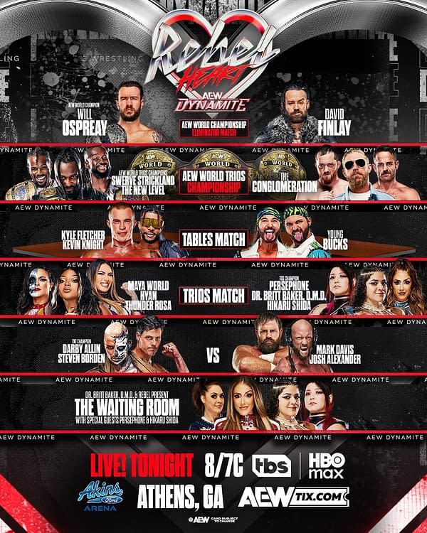 AEW Rebel Heart Dynamite full card graphic listing Will Ospreay vs. David Finlay in an AEW World Championship Eliminator Match, the AEW World Trios Championship match, a Tables Match, a trios match, Darby Allin and Steven Borden vs. Mark Davis and Josh Alexander, and The Waiting Room with Britt Baker, D.M.D. and Rebel.