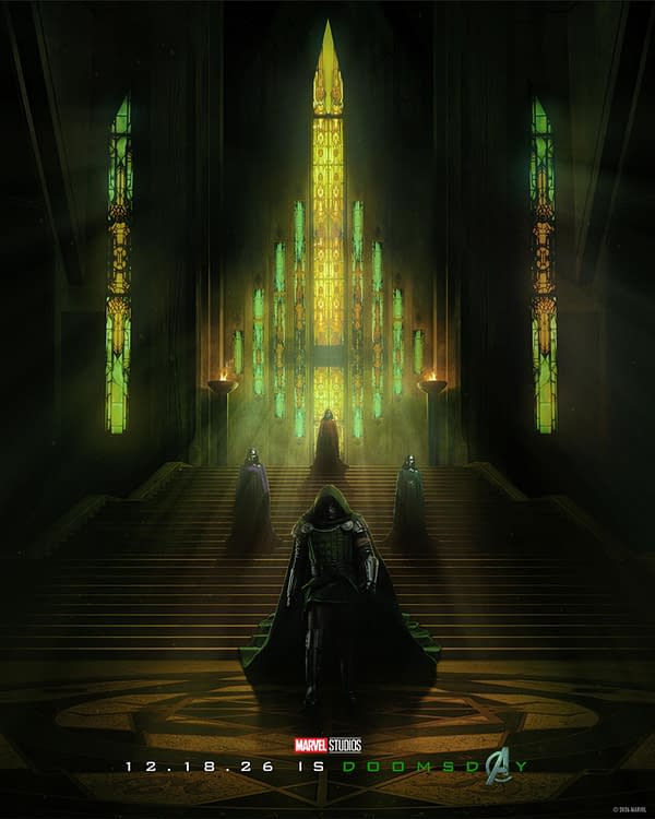 Marvel Studios poster for Avengers: Doomsday showing Doctor Doom standing before a towering stained-glass backdrop, with four cloaked figures on the steps behind him in a dark cathedral-like hall.