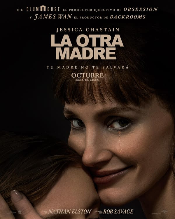 Spanish-language horror movie poster for La Otra Madre, showing a close-up of a woman with a tear on her cheek embracing a child in a dark, ominous composition.