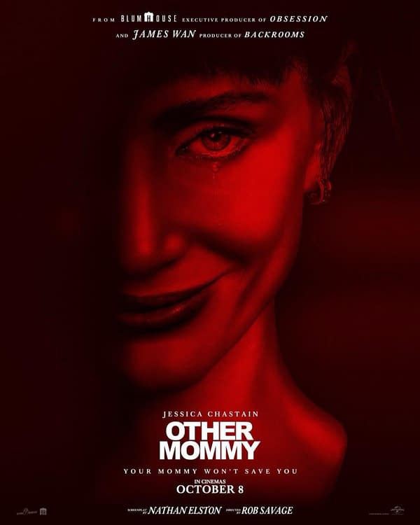 Red horror movie poster for Other Mommy, showing a close-up of a woman's face with one glowing eye and a sinister smile. Jessica Chastain is credited, with release text at the bottom.