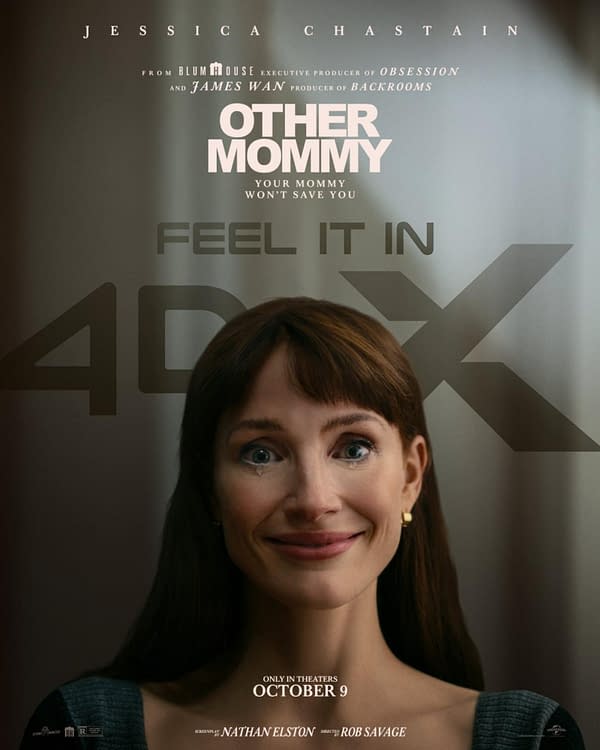 Movie poster for the horror film Other Mommy, featuring Jessica Chastain with a haunting smile and teary eyes, with the tagline