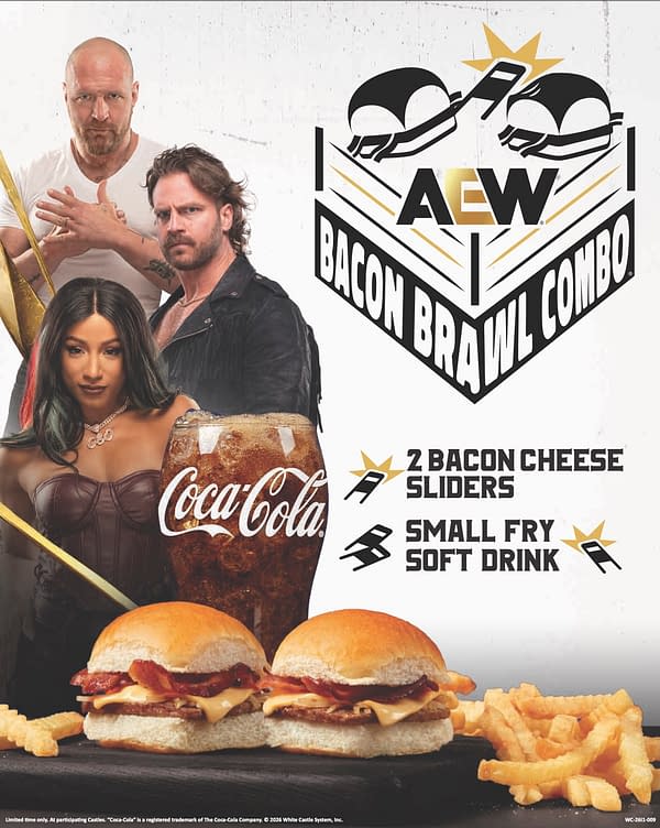 A promotional graphic for the AEW Bacon Brawl Combo featuring two bacon cheese sliders, a small fry, and a soft drink alongside three wrestlers posing in the background. The AEW logo is prominently displayed, emphasizing the collaboration with White Castle.