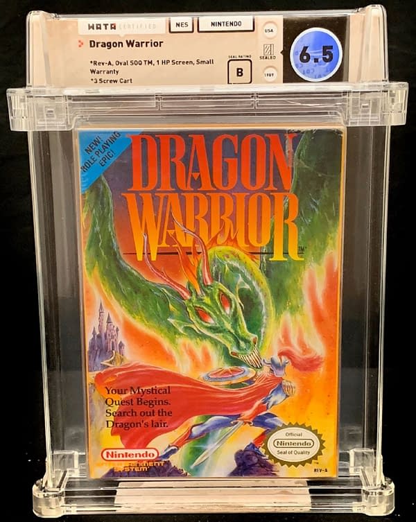 The front of the box for the graded copy of Dragon Warrior for the NES. Currently available on auction at Comic Connect's website.