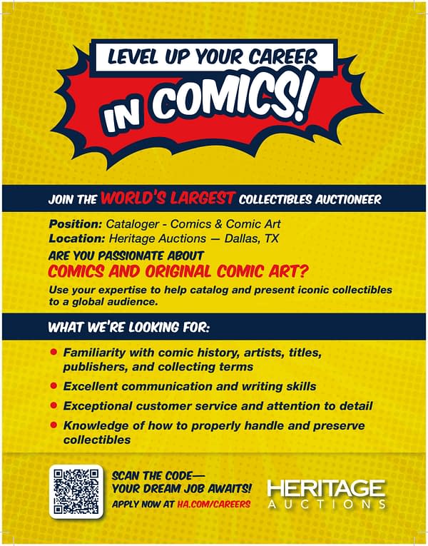 A colorful recruitment flyer for a position as a Comics Cataloger at Heritage Auctions, featuring vibrant yellow and red comic-inspired graphics. The flyer highlights the job title, location, and key qualifications sought for the role.