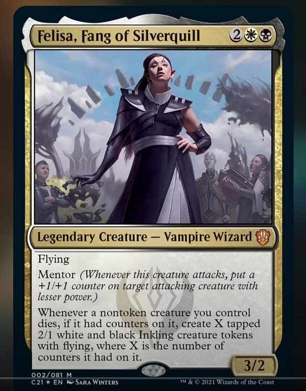 Felisa, Fang of Silverquill, a new legendary creature card from Commander 2021, the new release for Magic: The Gathering. Image revealed by MTGMuddstah on YouTube.