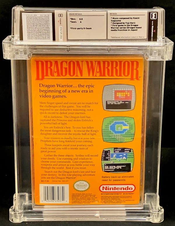 The back face of the box for this graded copy of Dragon Warrior for the Nintendo Entertainment System. Currently available on auction at ComicConnect's website.